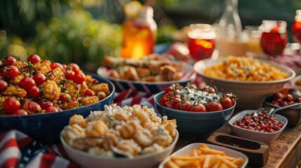 Fototapeta premium A spread of delicious food on a table, perfect for a summer picnic or barbecue.