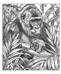 Gorilla and baby in detailed jungle scene, black and white line art.