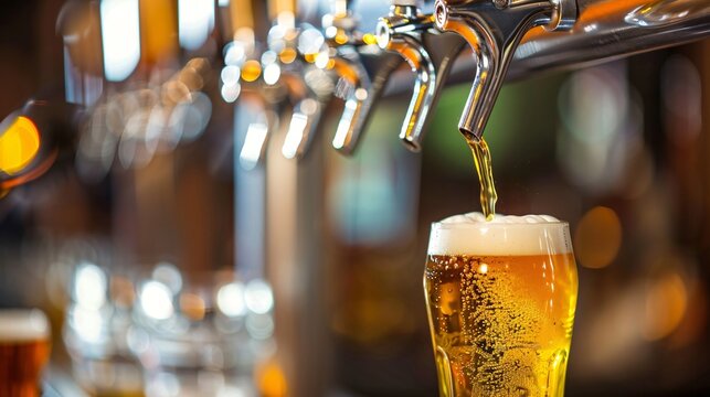 Refreshing Beer Pouring from Tap in Bar with Blurred Background - Close-Up Stock Photo