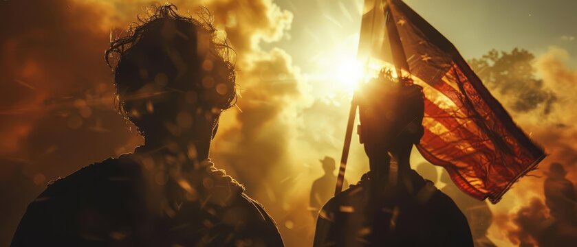 Silhouetted figures with a flag raised high against a dramatic sunset sky.