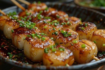Mitarashi Dango - Skewered rice dumplings glazed with a sweet soy sauce. 