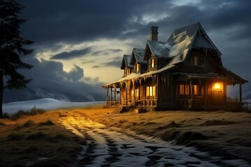 Twilight Sanctuary: A Warmly Lit Cabin Against a Dramatic Sky in a Remote Wilderness 