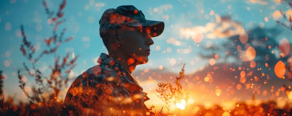 Silhouette of a man in a cap against a colorful sunset.