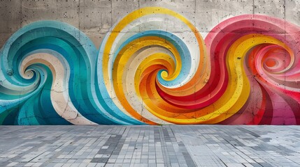 Colorful street art mural with vibrant swirling patterns on an urban wall, creating a dynamic and eye-catching visual effect.