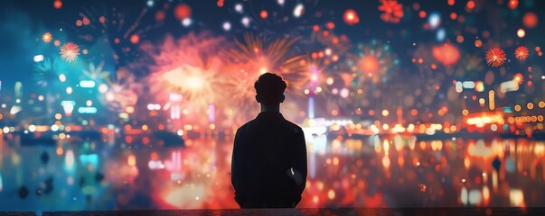 A man stands by a waterfront, watching vibrant fireworks explode over a brightly lit cityscape at night.