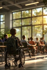 Obraz premium Diverse group of students in a wheelchair-accessible classroom, learning with sunlight streaming through large windows.