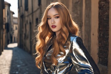 Fototapeta premium A beautiful woman in an elegant dress captured in a high resolution portrait that represents fashion and beauty, ideal for fashion features or clothing advertising, presented from the front with space