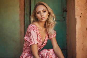 Fototapeta premium A beautiful woman in an elegant dress captured in a high resolution portrait that represents fashion and beauty, ideal for fashion features or clothing advertising, presented from the front with space