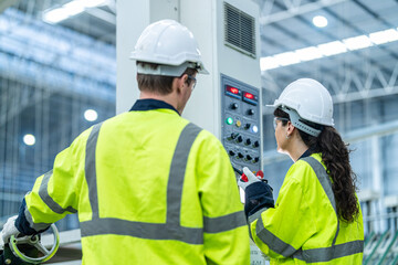Male and female engineers in neat work clothes prepare and control the production system of large...
