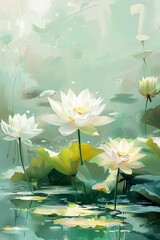 幻想的な池に咲く白い蓮の花