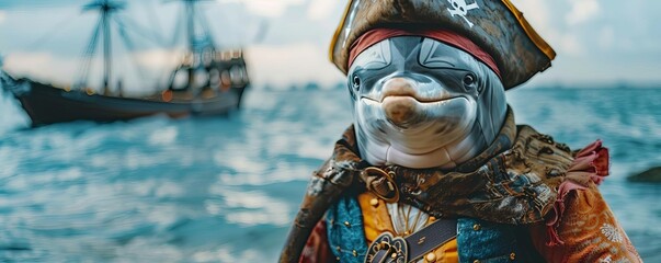 Dolphin dressed as a pirate, copy space, empty saying bubble