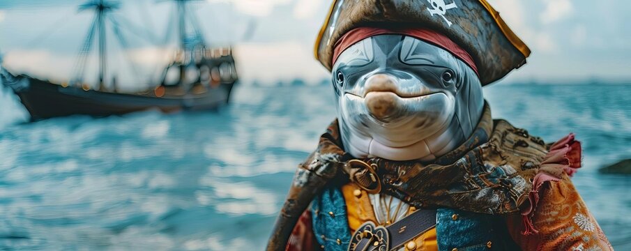 Dolphin dressed as a pirate, copy space, empty saying bubble