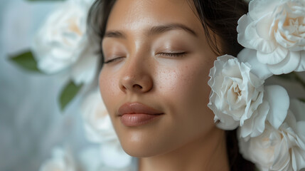 Naklejka premium Close-Up of a Woman with Closed Eyes Surrounded by White Roses