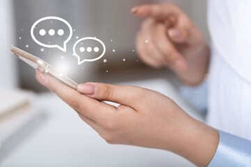 Technology, communication, messaging concepts, person hold phone