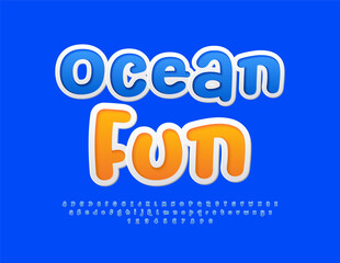 Vector funny flyer Ocean Fun. Playful Blue Font. Bright Sticker Alphabet Letters and Numbers set.