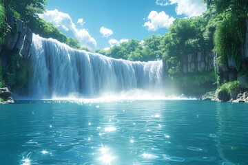 Fototapeta premium Lush Green Forested Waterfall Pool on a Sunny Day