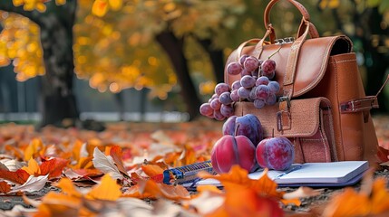 Plum with a schoolbag and notebook, fall foliage, copy space, empty saying bubble