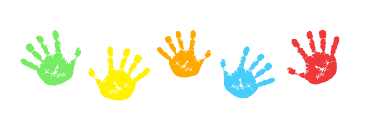 Handabdrücke Kinder Hände bunt in vielen Farben Hand Abdruck malen Freude Kindheit Kindergarten zusammen gemeinsam spielen und erleben, Banner als Vorlage und Hintergrund für kindliche Themen © www.barfuss-junge.de