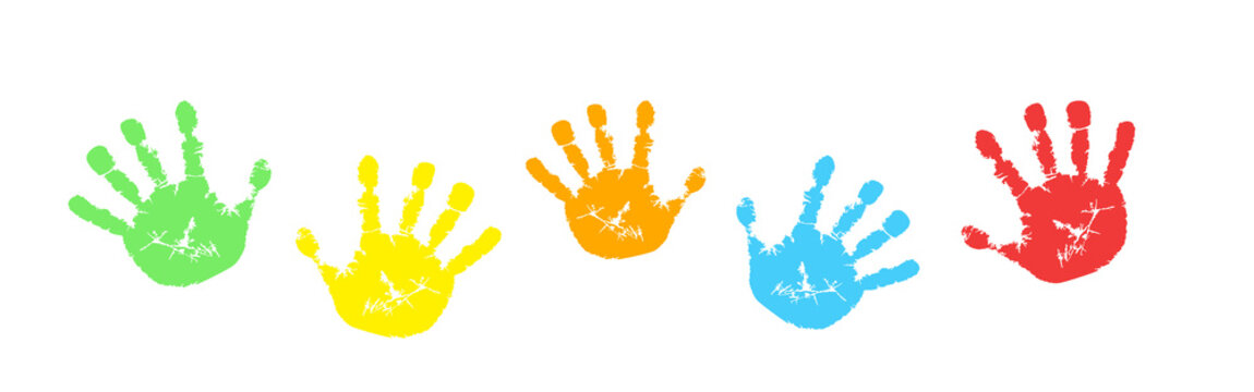 Handabdr&uuml;cke Kinder H&auml;nde bunt in vielen Farben Hand Abdruck malen Freude Kindheit Kindergarten zusammen gemeinsam spielen und erleben, Banner als Vorlage und Hintergrund f&uuml;r kindliche Themen