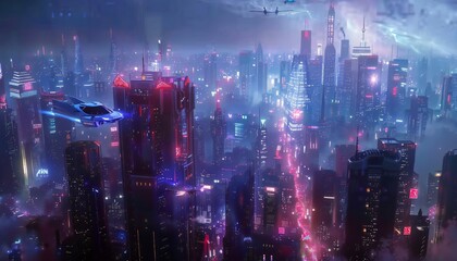 High-tech cityscape at dusk with tall skyscrapers decorated with neon lights