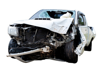 Car crash, Front and Side view of white pickup car get hard damaged by accident on the road. damaged cars after collision. isolated on transparent background, PNG File © ISENGARD