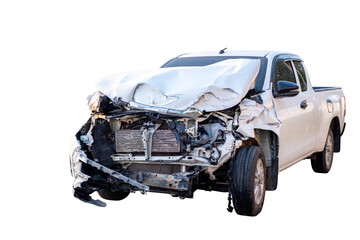 Car crash, Front and Side view of white pickup car get hard damaged by accident on the road. damaged cars after collision. isolated on transparent background, PNG File © ISENGARD