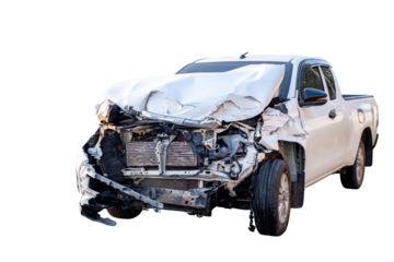 Car crash, Front and Side view of white pickup car get hard damaged by accident on the road. damaged cars after collision. isolated on transparent background, PNG File
