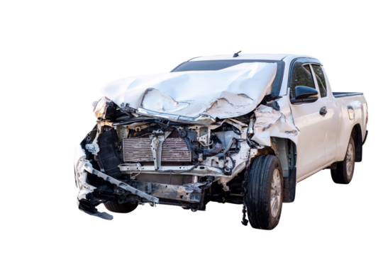 Car crash, Front and Side view of white pickup car get hard damaged by accident on the road. damaged cars after collision. isolated on transparent background, PNG File