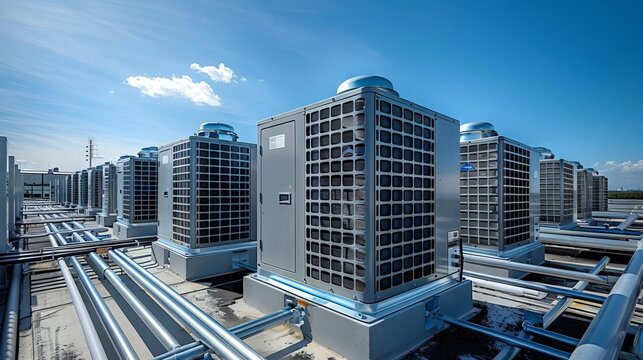 Industrial Air Conditioning Units on Rooftop Under Blue Sky