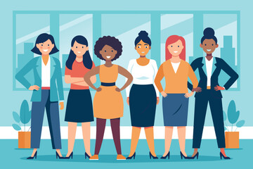 Obraz premium a group of several stylized girls standing side by side. They are in a professional setting, in an office, as indicated by the cityscape visible through the large windows behind them and the indoor p