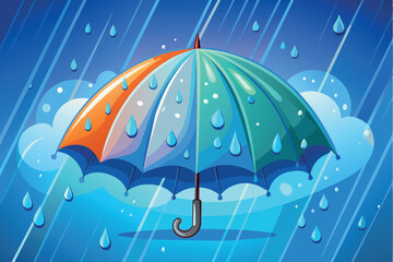 A multicolored umbrella with a pattern of several colors - blue, orange and yellow segments - is revealed against a background of falling raindrops. Rain is depicted as numerous blue stripes and drops