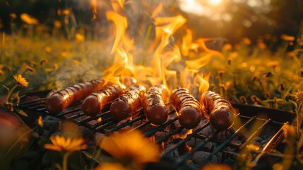 Picnic on a meadow with bratwurst on flaming grill