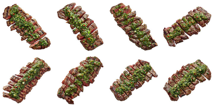 Collection of Chimichurri Sauce On Flat Iron Steak isolated on transparent png background. Generative ai