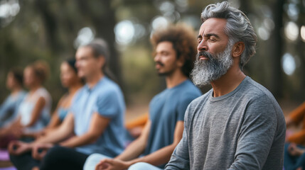 Obraz premium Group of Mature Men and Women Practicing Yoga at Outdoor Retreat. Emphasis on Health, Relaxation, and Mindfulness through Group Yoga in a Natural Setting