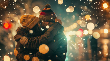 In a magical winter night, a couple shares a tender kiss amidst a backdrop of twinkling holiday lights.
