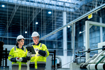 Male and female engineers in neat work clothes prepare and control the production system of large...