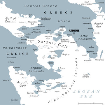Argo-Saronic Gulf, Saronic and Argolic Gulf of Greece, gray political map. The peninsulas of Attica and Argolis, Argo-Saronic Islands, Isthmus of Corinth, Corinth Canal and the Greek capital Athens.