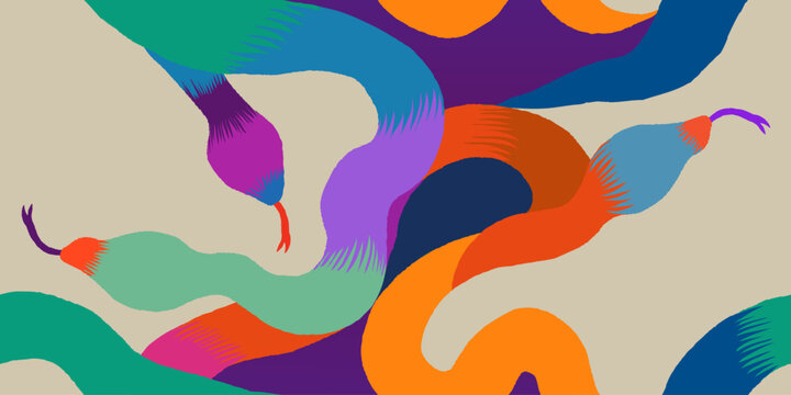 Exotic hand drawn abstract snakes pattern. Dynamic fashionable print. Vector template for design. 