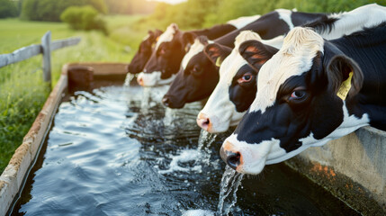 Cows drinking water together at a trough in lush farmland. © VK Studio
