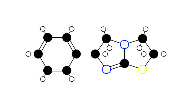 levamisole molecule, structural chemical formula, ball-and-stick model, isolated image ergamisol