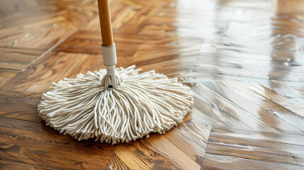 closeup hand held mop on parquet floor 