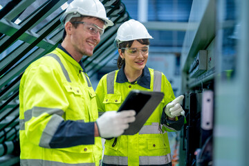 Male and female engineers in neat work clothes prepare and control the production system of large...