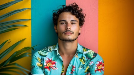 Handsome young man in vibrant tropical shirt stands confidently against colorful background