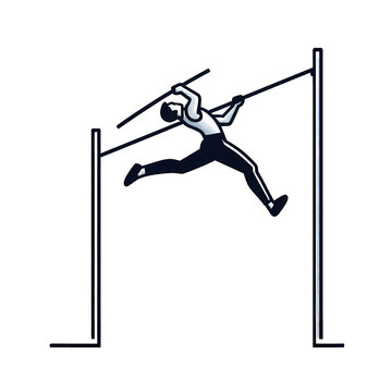 recommend clip art: Vector illustration of pole vaulter jumping to compete on white background, minimalist style.