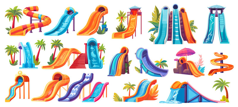 Cartoon waterslides, aquapark amusement water slides pool attraction child swimming playground with palms, ride in swim aquatic pipe spiral tunnel tube set vector illustration