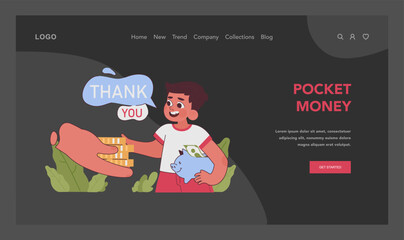Pocket money dark or night mode web, landing. Delighted boy receives