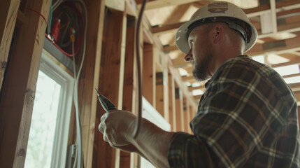 A focused construction worker examines plans on a tablet amidst a wooden frame house under construction.