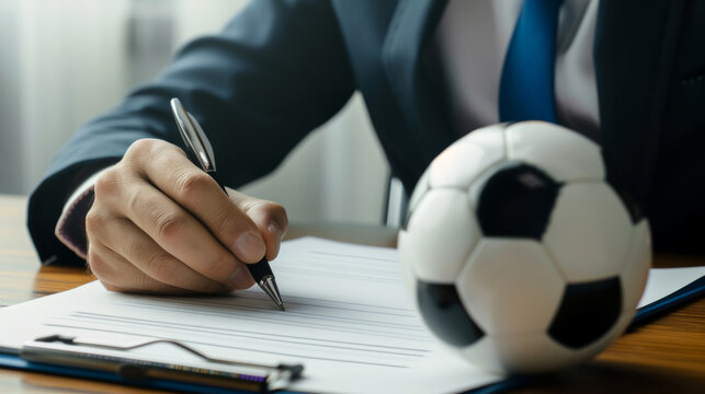 Professional signing papers with a soccer ball on the desk.