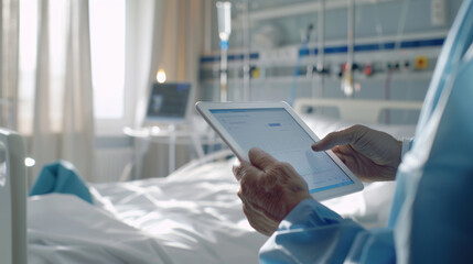 Healthcare professional reviewing patient data on a tablet in a sunlit hospital room.