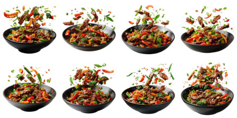 Collection of Steak With Vegetable Stir Fry isolated on transparent png background. Generative ai